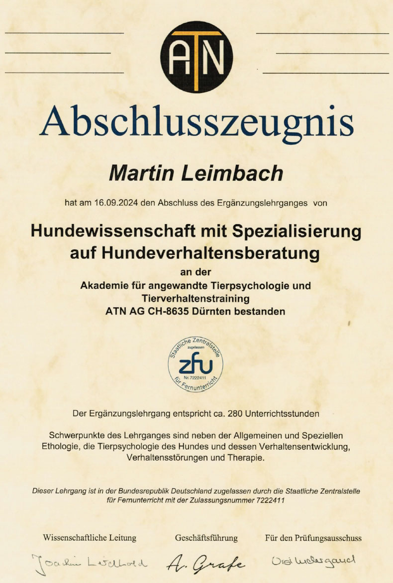 Urkunde Weiterbildung Verhaltensberater